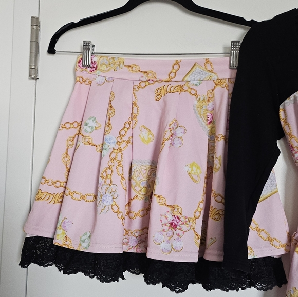 Ma*rs Agejo Gyaru High Waist Tiara Print 3/4 Sleeve Bow Top & Lace Skirt Set - Picture 6 of 15
